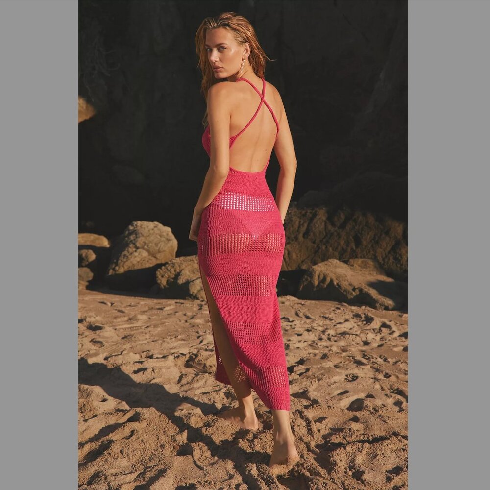 NWT L*Space Kalea Crochet Dress Maxi Cover-up Beach Hot Pink – Small
